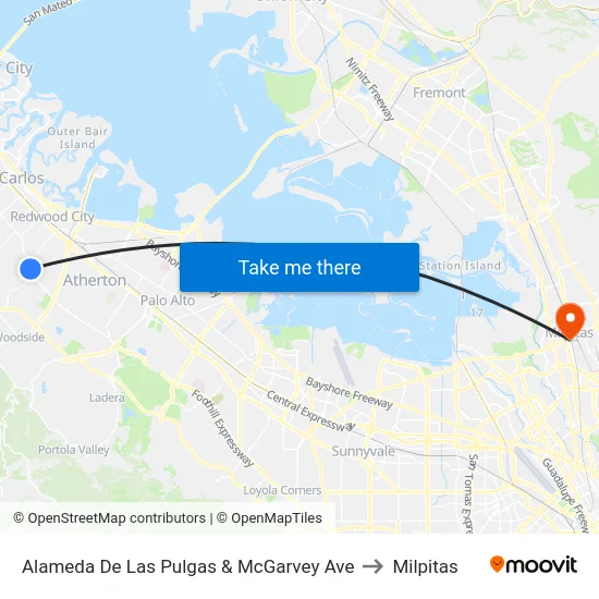 Alameda De Las Pulgas & McGarvey Ave to Milpitas map