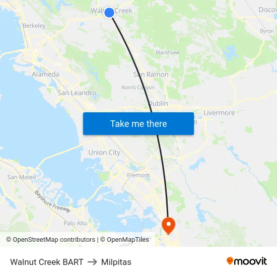 Walnut Creek BART to Milpitas map