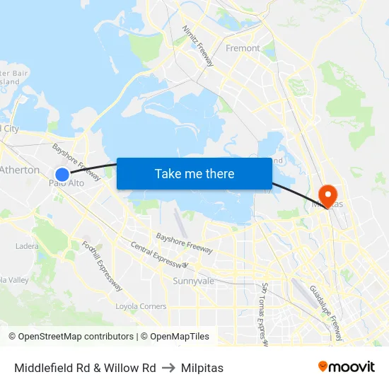Middlefield Rd & Willow Rd to Milpitas map