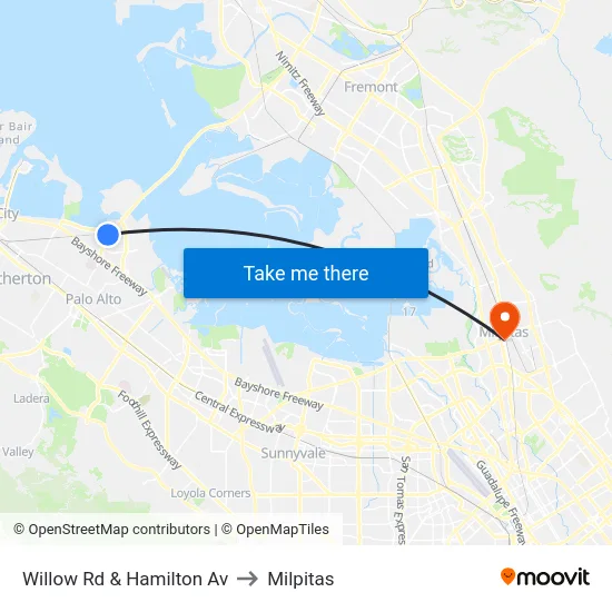 Willow Rd & Hamilton Av to Milpitas map