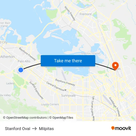 Stanford Oval to Milpitas map