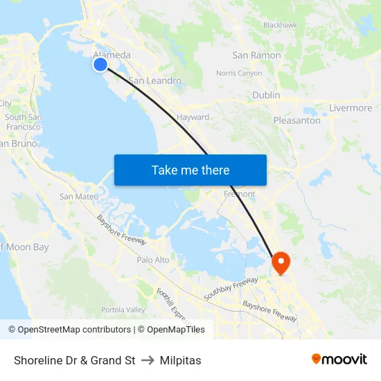 Shoreline Dr & Grand St to Milpitas map