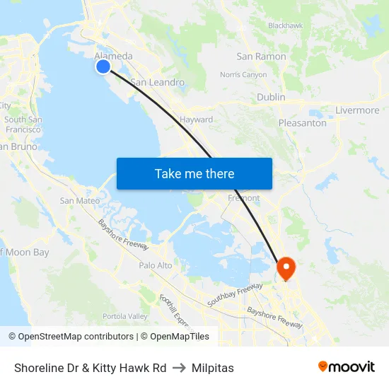 Shoreline Dr & Kitty Hawk Rd to Milpitas map