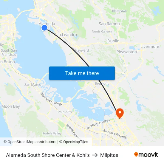 Alameda South Shore Center & Kohl's to Milpitas map