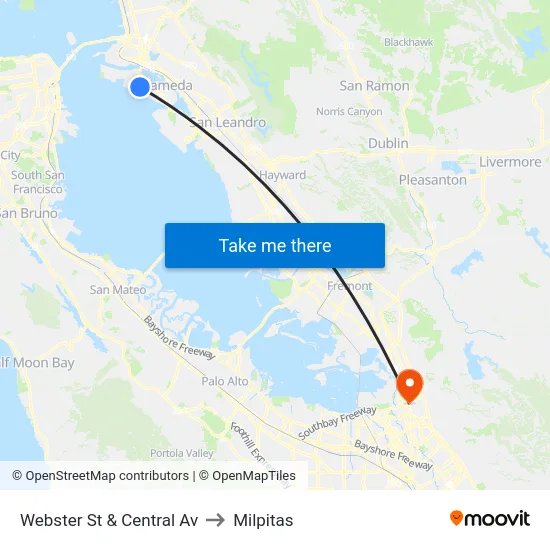 Webster St & Central Av to Milpitas map