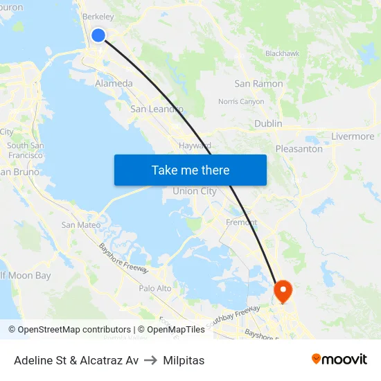 Adeline St & Alcatraz Av to Milpitas map