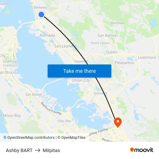 Ashby BART to Milpitas map