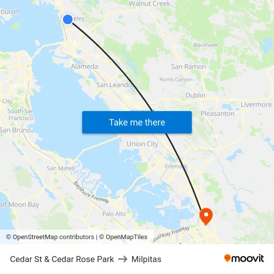 Cedar St & Cedar Rose Park to Milpitas map