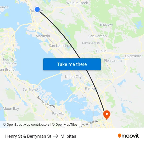 Henry St & Berryman St to Milpitas map