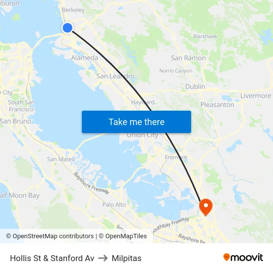 Hollis St & Stanford Av to Milpitas map