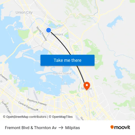 Fremont Blvd & Thornton Av to Milpitas map