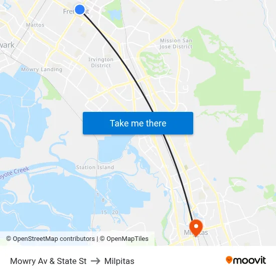 Mowry Av & State St to Milpitas map