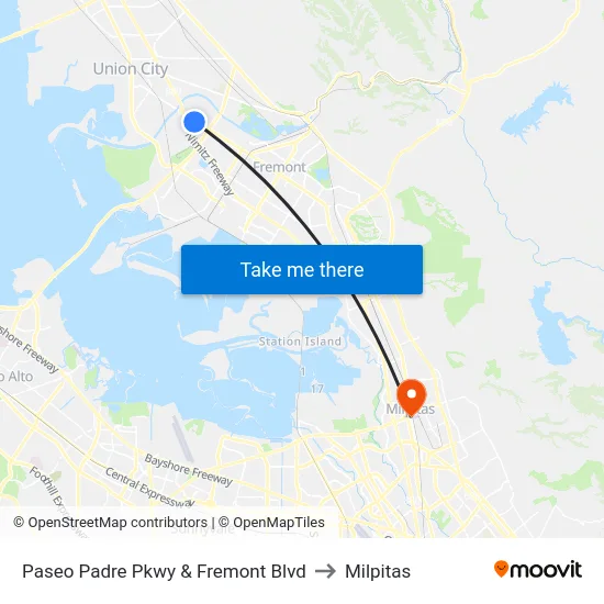 Paseo Padre Pkwy & Fremont Blvd to Milpitas map