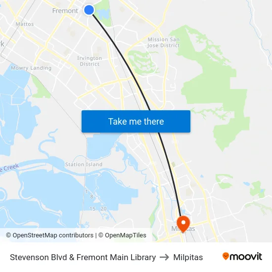 Stevenson Blvd & Fremont Main Library to Milpitas map