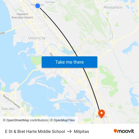 E St & Bret Harte Middle School to Milpitas map