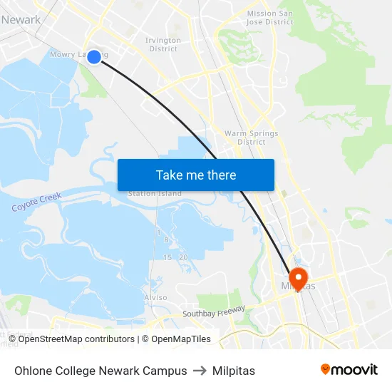 Ohlone College Newark Campus to Milpitas map
