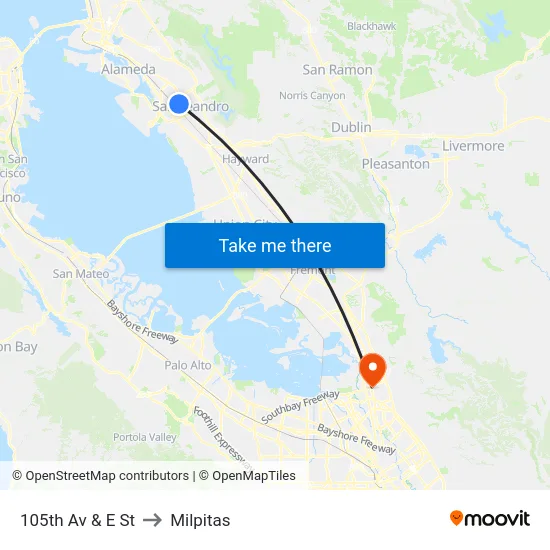 105th Av & E St to Milpitas map