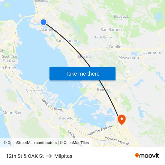 12th St & OAK St to Milpitas map