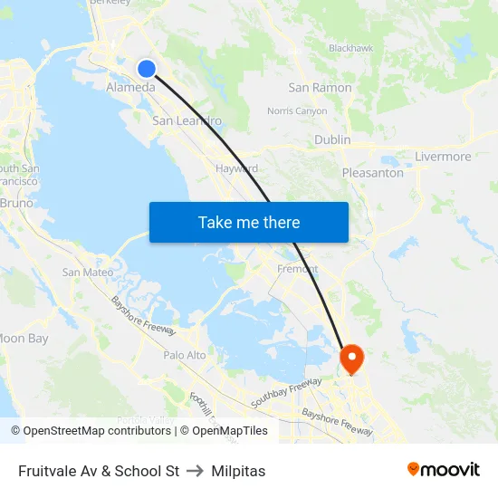 Fruitvale Av & School St to Milpitas map