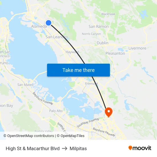 High St & Macarthur Blvd to Milpitas map