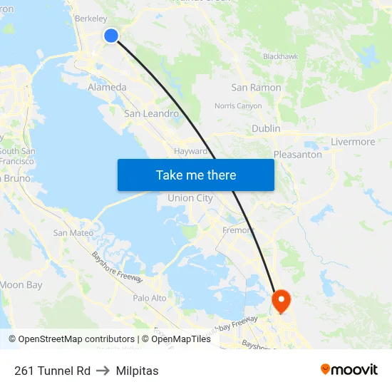 261 Tunnel Rd to Milpitas map