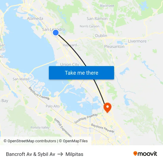 Bancroft Av & Sybil Av to Milpitas map