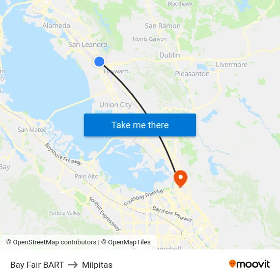 Bay Fair BART to Milpitas map
