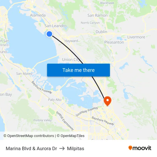 Marina Blvd & Aurora Dr to Milpitas map