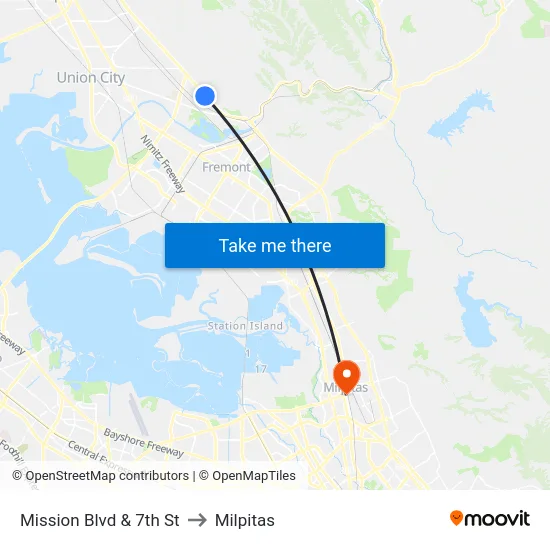 Mission Blvd & 7th St to Milpitas map