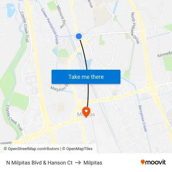 N Milpitas Blvd & Hanson Ct to Milpitas map