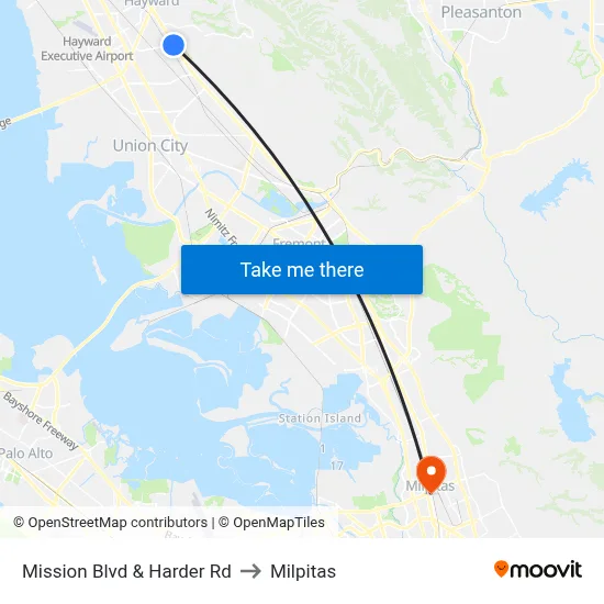 Mission Blvd & Harder Rd to Milpitas map
