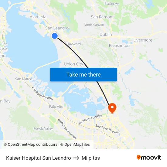 Kaiser Hospital San Leandro to Milpitas map