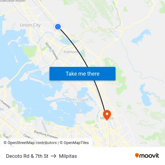 Decoto Rd & 7th St to Milpitas map