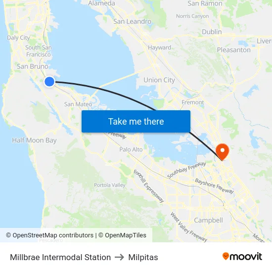 Millbrae Intermodal Station to Milpitas map