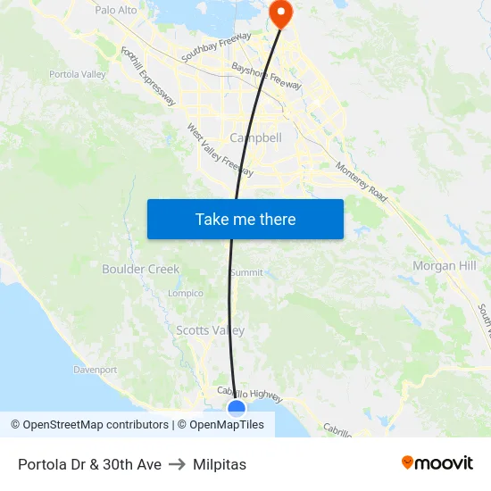 Portola Dr & 30th Ave to Milpitas map