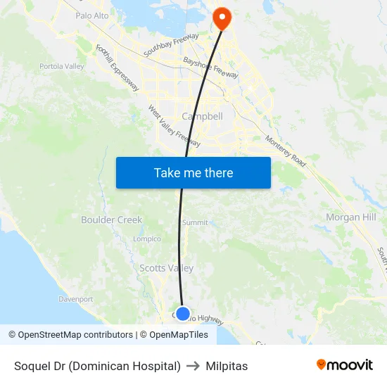 Soquel Dr (Dominican Hospital) to Milpitas map