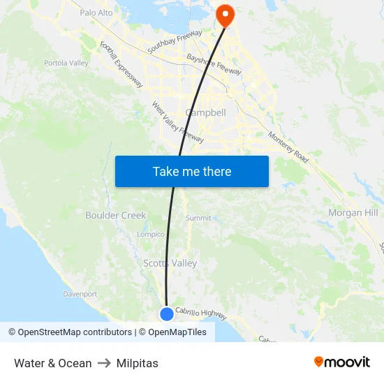 Water & Ocean to Milpitas map