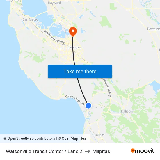 Watsonville Transit Center / Lane 2 to Milpitas map