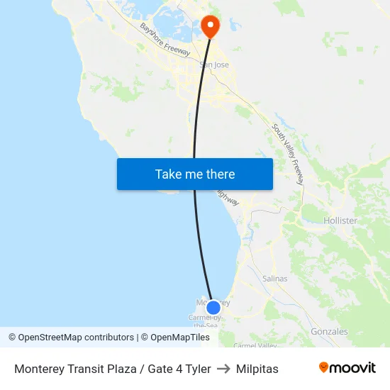 Monterey Transit Plaza / Gate 4 Tyler to Milpitas map