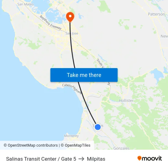 Salinas Transit Center / Gate 5 to Milpitas map