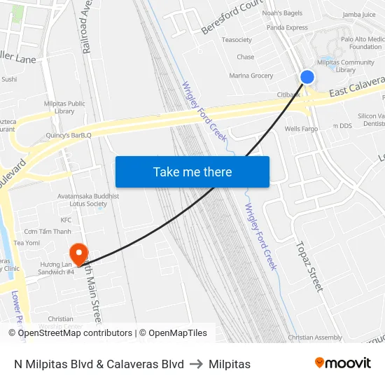 N Milpitas Blvd & Calaveras Blvd to Milpitas map