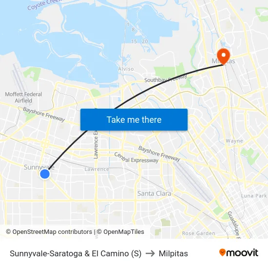 Sunnyvale-Saratoga & El Camino (S) to Milpitas map
