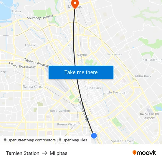 Tamien Station to Milpitas map