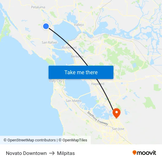 Novato Downtown to Milpitas map