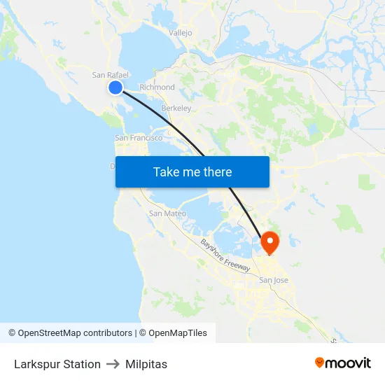 Larkspur Station to Milpitas map