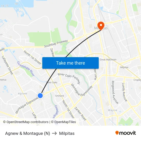 Agnew & Montague (N) to Milpitas map
