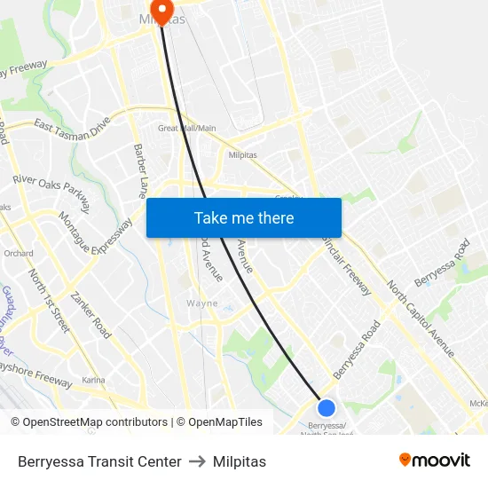 Berryessa Transit Center to Milpitas map