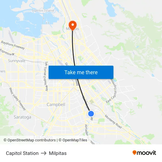 Capitol Station to Milpitas map