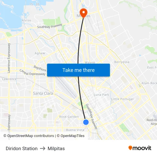 Diridon Station to Milpitas map