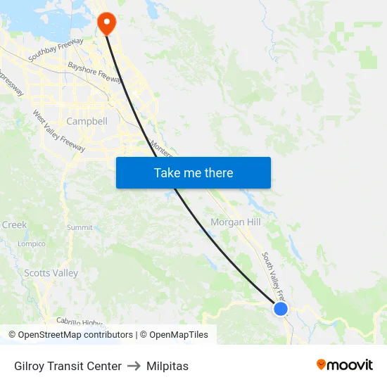 Gilroy Transit Center to Milpitas map